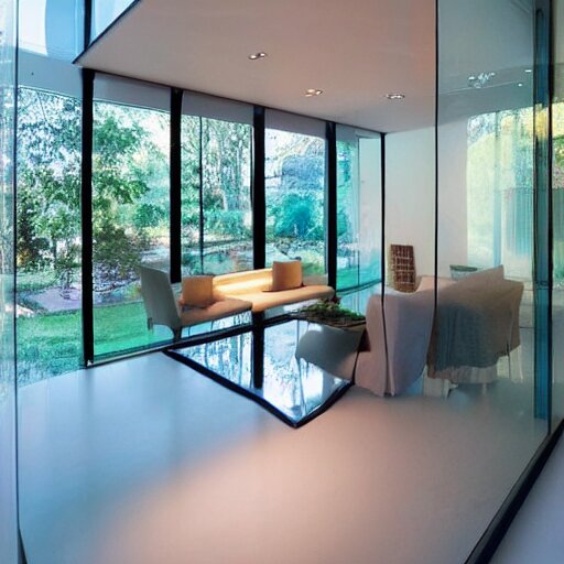 a house made entirely of glass. glass furniture, glass walls, glass ceiling, glass floor, glass decor, glass people 