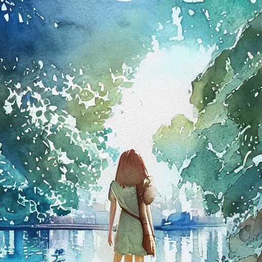 Woman in a beautiful happy picturesque charming sci-fi city in harmony with nature. Beautiful light. Water and plants. Nice colour scheme, soft warm colour. Beautiful detailed watercolor by Lurid. (2022)