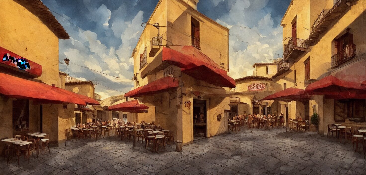 a traditional pizzeria in the street of a small village on the riviera. a terrace in the shade of a hundred - year - old olive, cinematic view, epic sky, detailed, concept art, low angle, high detail, warm lighting, volumetric, godrays, vivid, beautiful, trending on artstation, by jordan grimmer, huge scene, grass, art greg rutkowski 