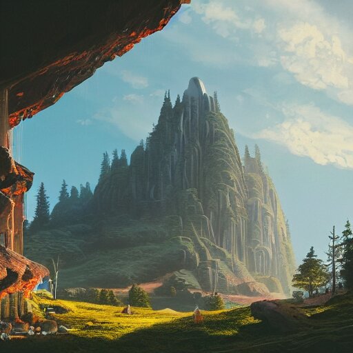 futuristic temple carved into a mountain side, big green trees, colorful clouds, dramatic lighting, artstation, matte painting, raphael lacoste, simon stalenhag, frank lloyd wright 