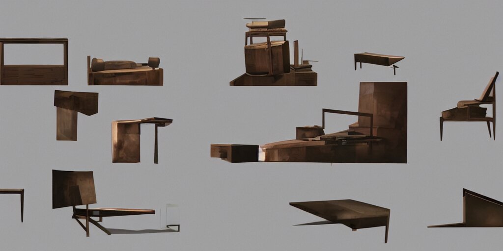 furniture designs in the style of bauhaus movement, design sheet, 3d render, Les Edwards, Zdzislaw Beksinski, Carl Gustav Carus, John Harris, Michal Karcz, Zhang Kechun, Mikko Lagerstedt, Scott Listfield, Steven Outram, Jessica Rossier.