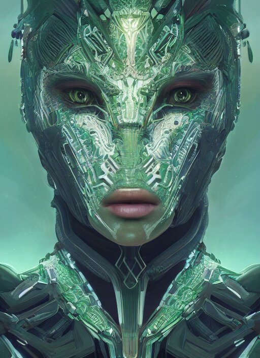 symmetry!! portrait of green alien in the style of horizon zero dawn, machine face, intricate, elegant, highly detailed, digital painting, artstation, concept art, smooth, sharp focus, illustration, art by artgerm and greg rutkowski and alphonse mucha, 8 k 