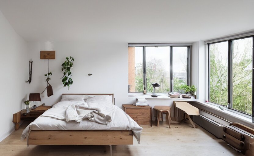 interior of a compact bedroom in an apartment building, bed, bronze wall, cupboards, czech design, swedish design, natural materials, minimalism, pine wood, earth colors, feng shui, rustic, white, beige, bright, plants, windows with a view of a green park, modernist, 8 k 