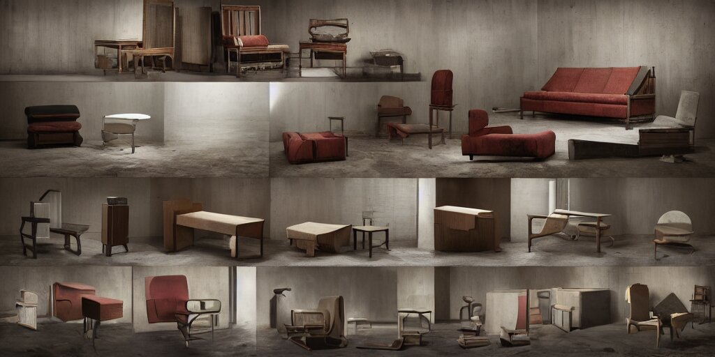 furniture designs in the style of bauhaus, design sheet, Les Edwards, Zdzislaw Beksinski, Carl Gustav Carus, John Harris, Michal Karcz, Zhang Kechun, Mikko Lagerstedt, Scott Listfield, Steven Outram, Jessica Rossier.