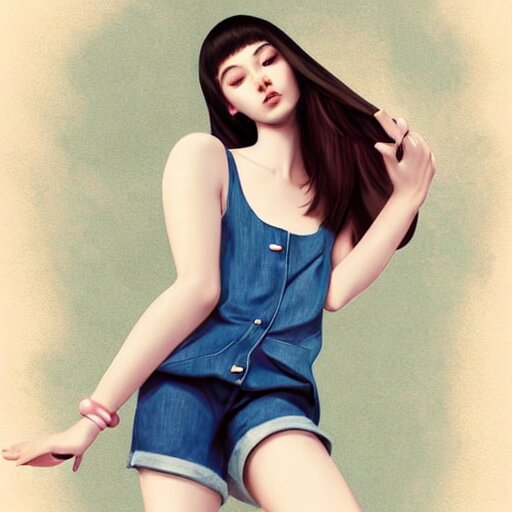 gracefully enchanting studio portraiture of finely fashionable, elegantly dressed, stunning reserved young uzbek model who is slender, tank top, denim shorts. digital art by killian eng and range murata 