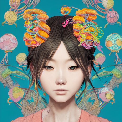 the face of a ridiculously beautiful and pretty japanese girl partially made of onion rings of all colors looking down, an ultrafine detailed illustration by james jean, final fantasy, intricate linework, bright colors, behance contest winner, vanitas, angular, altermodern, unreal engine 5 highly rendered, global illumination, radiant light, detailed and intricate environment 