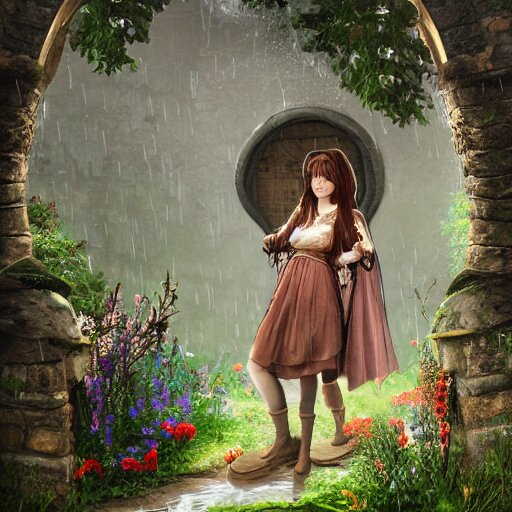 beautiful brunette girl in a medieval hobbit home, ornate, beautiful, atmosphere, vibe, mist, rain, wet, rain drops, puddles, forest, flowers, concept art illustration, color page, 4 k, tone mapping, doll, akihiko yoshida, james jean, andrei riabovitchev, marc simonetti, yoshitaka amano, digital illustration, greg rutowski, volumetric lighting, sunbeams, particles, ilya kuvshinov 