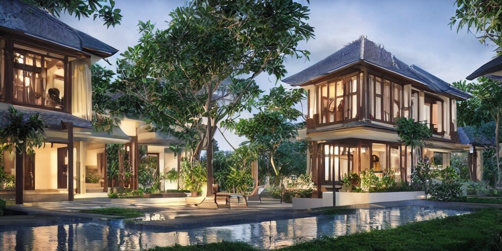 3d rendering  of beautiful nature meets architecture concept of a residential house. balinese architecture, volumetric lighting, luxury, high detail, 14mm, cinematic photography, cg architects,  high resolution