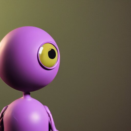 photo of a clay model of character with large spherical purple head and tiny eyes with comically tiny body and spindly limbs leans close to the camera, fish eye lens, 4 k, hyper realistic, hyper detailed face, octane render 