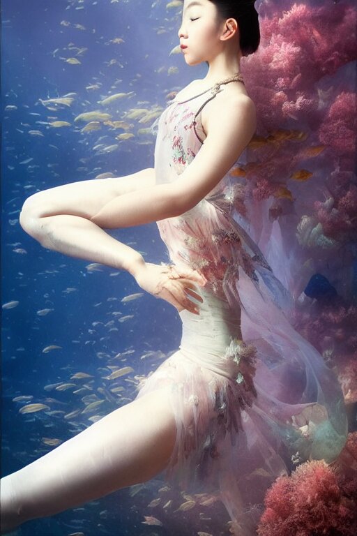 stunningly beautiful, asian prima ballerina at the bottom of the great barrier reef, smooth, focus, highly detailed, hyper realistic, dramatic lighting, intricate, concept art, art by wlop, mars ravelo 