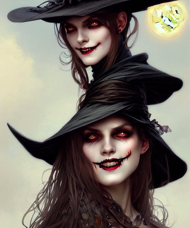 halloween witch woman in a hat smiles, fantasy magic, undercut hairstyle, dark light night, intricate, elegant, sharp focus, illustration, highly detailed, digital painting, concept art, matte, art by wlop and artgerm and greg rutkowski and alphonse mucha, masterpiece 