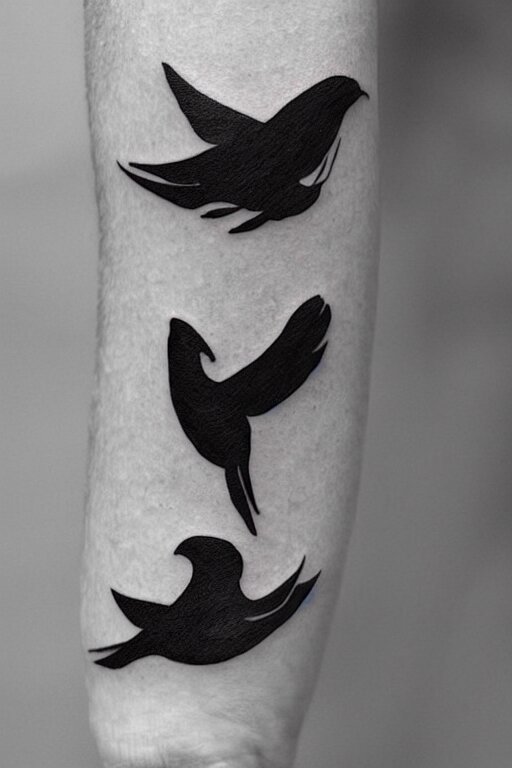 a simple artistic tattoo design of minimalist flying birds, black ink, abstract geometric logo 