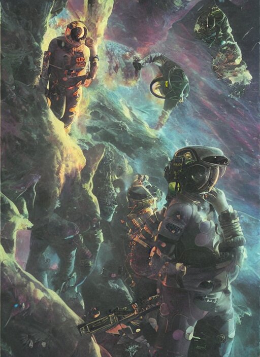 astronauts in dark void underwater - complex and hyperdetailed technical suit. reflection and dispersion materials. rays and dispersion of light. volumetric light. f / 3 2. noise film photo. flash photography. ultra realistic, wide angle. poster by wayne barlowe, hajime sorayama aaron horkey, craig mullins 