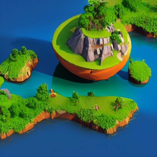 a floating island on an aquatic environment isometric art, south america landscape, low poly art, game art, artstation, 3D render, high detail, cgsociety, octane render