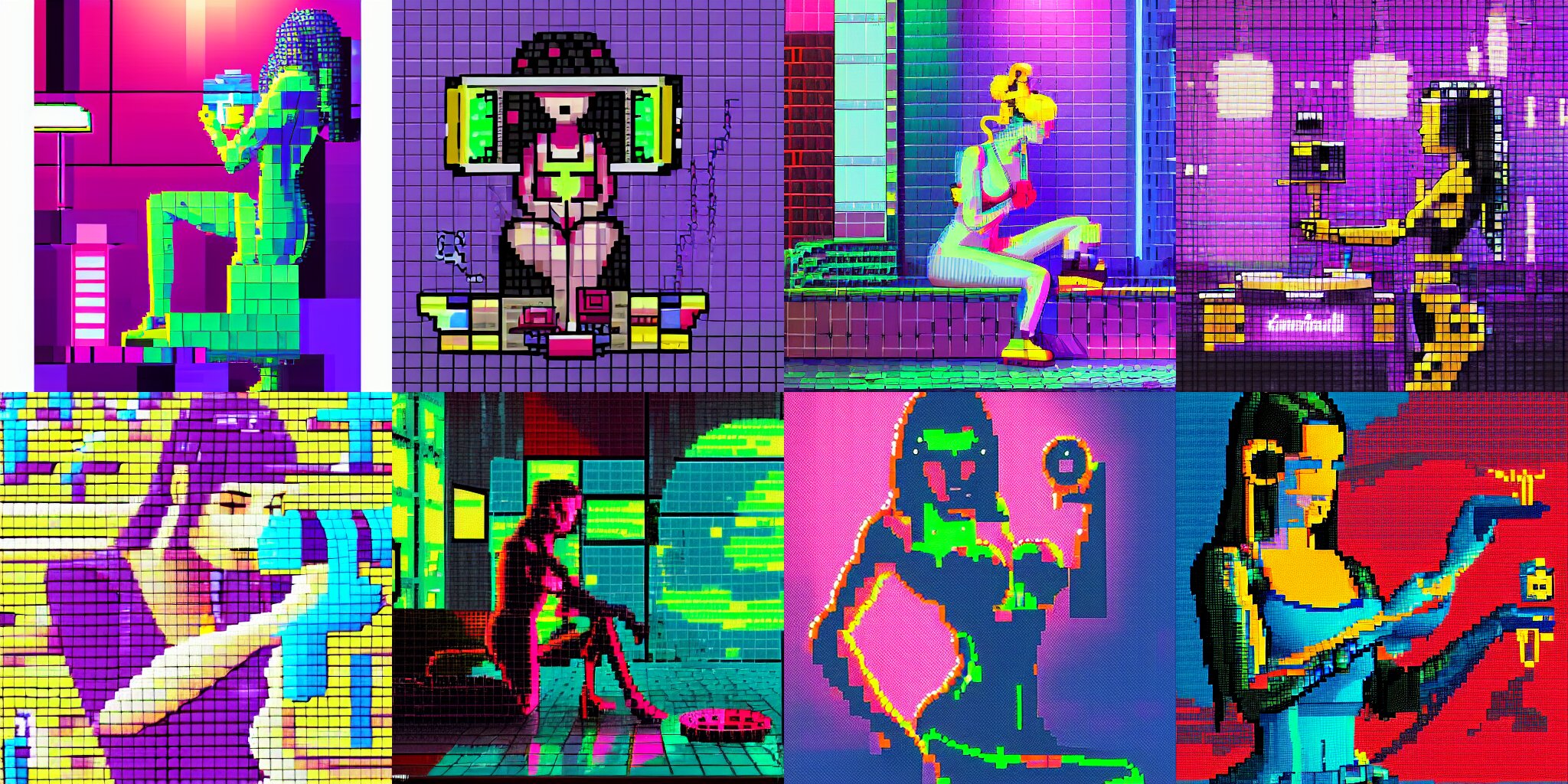 cyberpunk pixel art, woman in oil bath cleaning her sprockets, detailed, blocky, neon