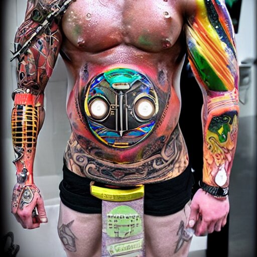 bodybuilder with a full body tattoo of a 3 d hole in the skin with a shiny multicolored metallic gears and tubes robotic mechanics inside under the skin, insanely integrate, 