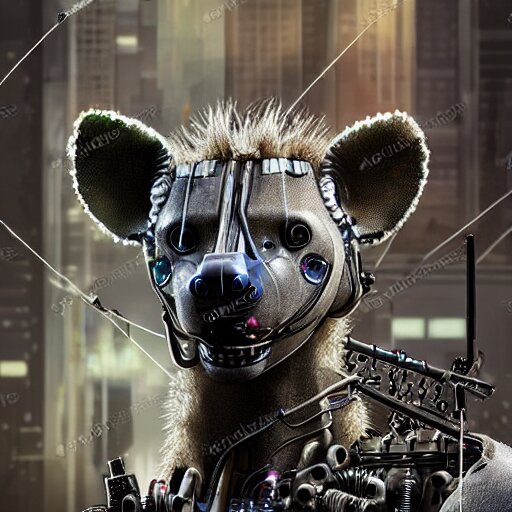 robotic cyberpunk hyena, many wires and metal exposed, realistic photo, bladerunner 