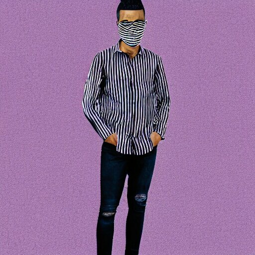 professional sketch of a full-body view of a stylish young adult man with short hair wearing a black face mask, a striped long-sleeved shirt, and ripped jeans, high quality, HD, 8K, highly detailed, award-winning, dark purple clouds