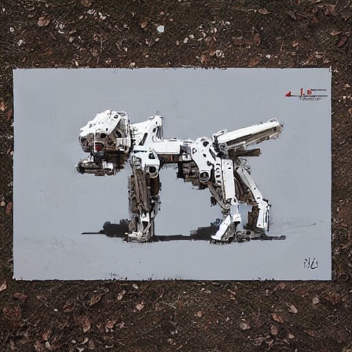 dog type mech made of white plastic art by jakub rozalski 