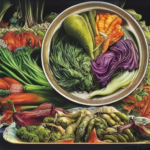 a beautiful plate of vegetables, by junji ito, by laurie lipton, by bernie wrightson, masterpiece, stunning, hyper realistic, lots of colours, 8 k 