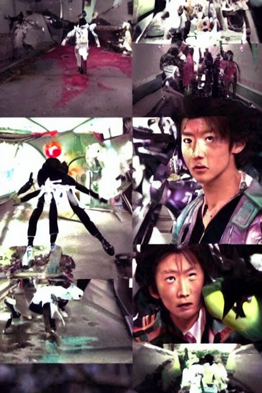 toshiki inoue writing the worst episode of kamen rider you've ever watched, crying and screaming and throwing up, bad writing, photorealistic, colorful, rainbow, kawaii, low angle photo, fish eye lens, blood, robots