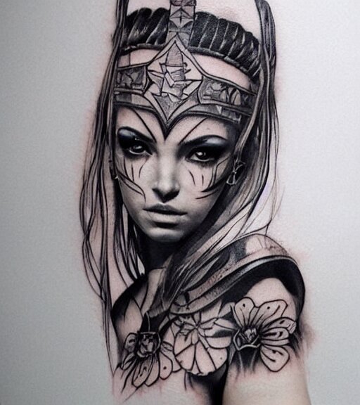 tattoo design on white background of a beautiful girl warrior, hyper realistic, amazing detail, inspired by eliot kohek 