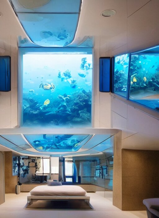 a futuristic sci - fi underwater home with mirrored walls, dreamatic lighting 