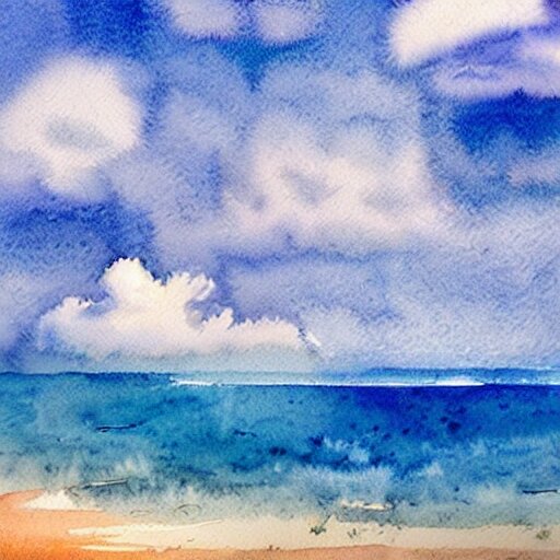 a beautiful watercolor painting of a beautiful ocean with peaceful fluffy clouds in the sky 