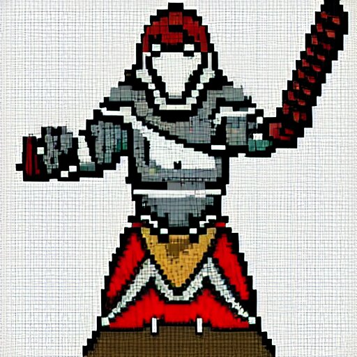 warrior wearing heavy plate armor and holding a giant sword, pixel art, vibrant colors, 