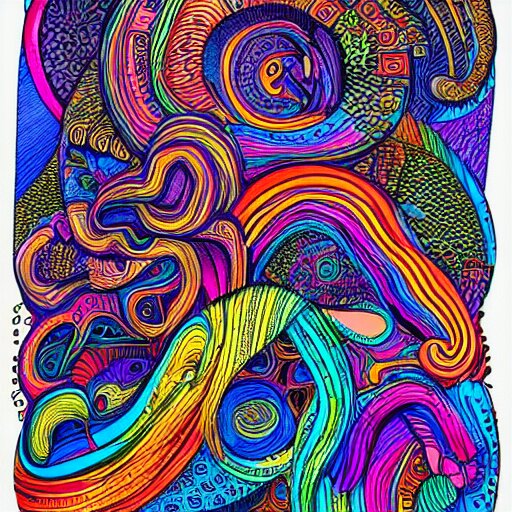 chaos in my head, intricate ink illustration, vibrant colors, rainbow colors, white background, maximalist, 8 k 