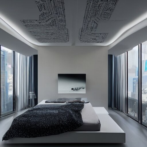 a futuristic luxury white bedroom with ceiling high windows looking out to a cyberpunk cityscape