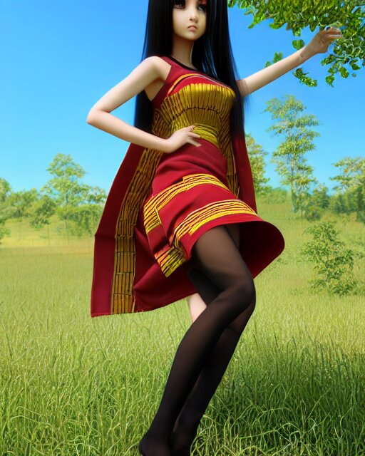 render as a very beautiful daz 3d anime manga girl, wearing assamese bihu mekhela sador gamosa dress, long shiny black hair, hazel eyes, full round face, short smile, assam landscape setting, sunny ambient diffused glow cinematic HDRI lighting, medium shot, mid-shot, highly detailed, daz studio genesis iray gorgeous, detailed  anatomically correct face!! anatomically correct hands!! amazing natural skin tone, ultra hd, trending on Artstation, Unreal Engine 4k, anime masterpiece, subsurface scattering