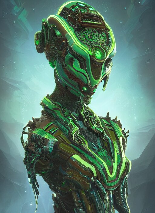 symmetry!! portrait of green alien in the style of horizon zero dawn, machine face, intricate, elegant, highly detailed, digital painting, artstation, concept art, smooth, sharp focus, illustration, art by artgerm and greg rutkowski and alphonse mucha, 8 k 