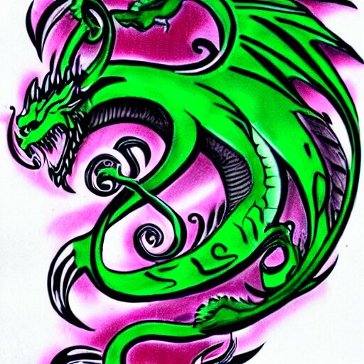 forearm tattoo of a spiraling dragon with a green emerald in its mouth, dark and vibrant forearm tattoo