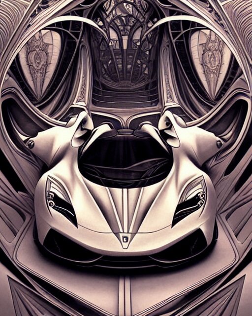 Art nouveau Ferarri car, fantasy, intricate zigzag designs, elegant, highly detailed, sharp focus, art by Artgerm and Greg Rutkowski and WLOP