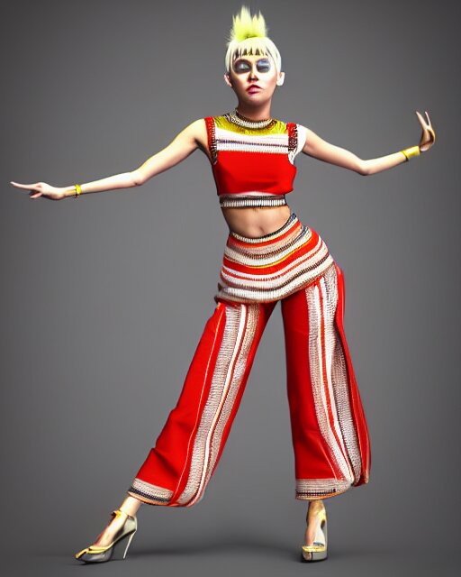 a beautiful cute miley cyrus wearing modern stylish costume in the style of Assamese bihu mekhela sador gamosa design, commercial fashion design art by WLOP, face by artgerm and daz3d genesis iray, cinematic lighting, medium shot, mid-shot, slim female figure ramp walk model pose, highly detailed, trending on Artstation, Unreal Engine 4k, cinema 4d multi-pass ray traced, 8k fabric texture details, octane render, diffused natural skin glow