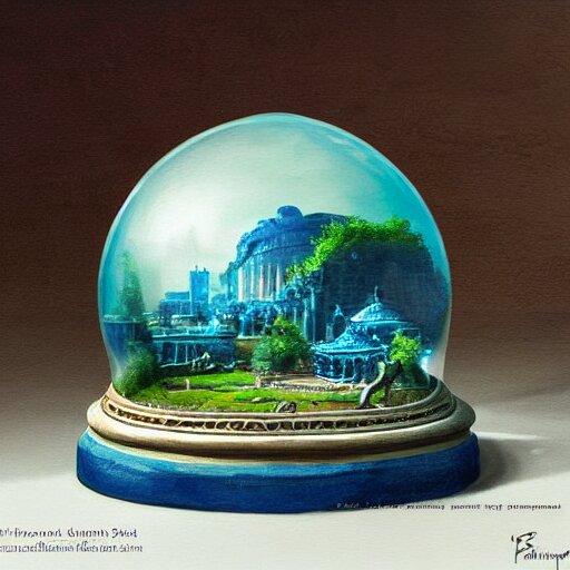 still life painting of a minature tabletop ancient city under a glass dome, by paulette tavormina and clara peeters and willem kalf, cool color - scheme with blues and greens, hyper realistic, super detailed, beautiful lighting 