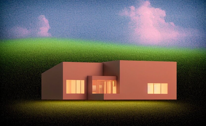 one single stand alone huge hyperdetailed minimalist home, seen from the long distance, at night. in a wood made of paper and plastics. maximalist unexpected elements. free sky in plain natural warm tones. 8 x 1 6 k hd mixed media 3 d collage in the style of a childrenbook illustration in pastel tones. matte matte background. no frame hd 