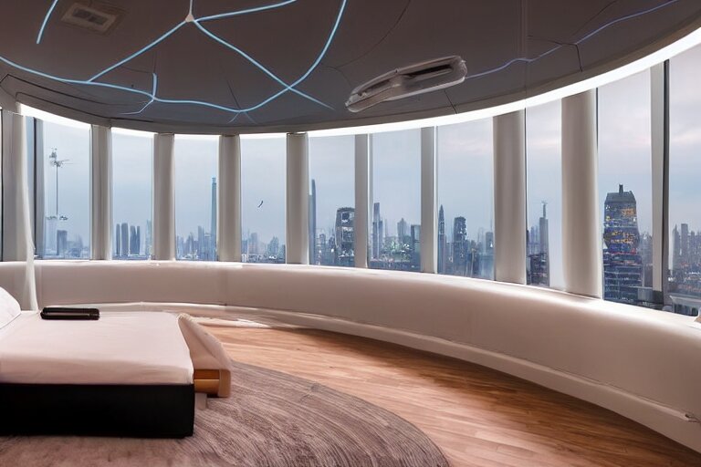 a futuristic sparse bedroom with large curved ceiling high windows looking out to a far future cyberpunk cityscape, flying drones outside, night time, cyberpunk neon lights, raining