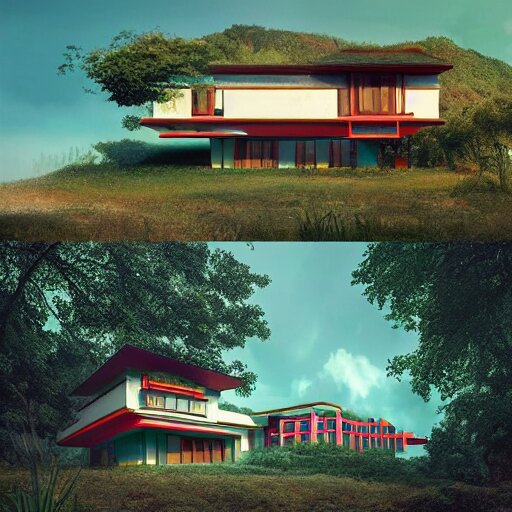 modernist house inspired by a tibetan palace, on a green hill between big trees, colorful clouds, dramatic lighting, artstation, matte painting, raphael lacoste, simon stalenhag, frank lloyd wright, zaha hadid 