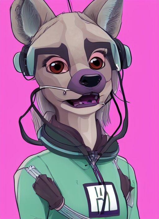 digital detailed full body of anthromorphic female hyena, in style of zootopia, zootopia, zootopia, fursona, furry, furaffinity, 4 k, deviantart, furry art, fursona art, wearing astronaut outfit, in style of zootopia, hyena fursona, cyberpunk, female, detailed feminine face, 