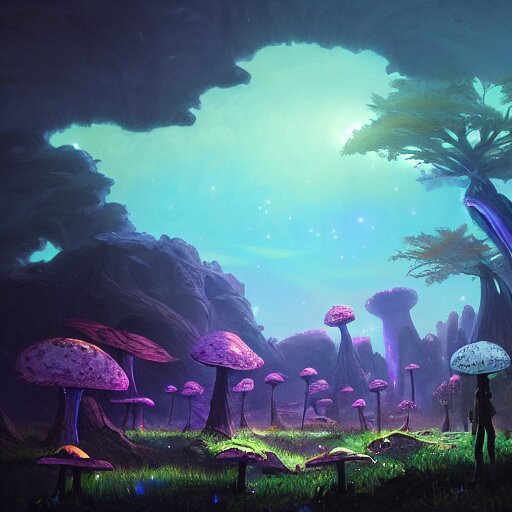 concept art painting of a fantasy alien fungal landscape at night, with glowing blue lights, glowing blue mushrooms, dark purple sky, realistic, detailed, cel shaded, in the style of makoto shinkai and greg rutkowski and albert bierstadt and james gurney 