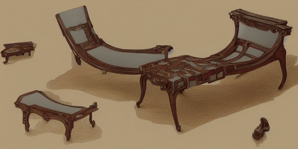 furniture design classic art, furniture design sheet, Moebius, Greg Rutkowski, Zabrocki, Karlkka, Jayison Devadas, Phuoc Quan, trending on Artstation, 8K, ultra wide angle, zenith view, pincushion lens effect