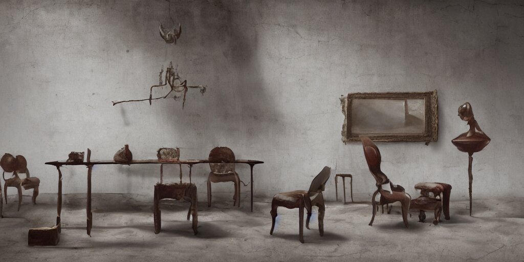 furniture designs in the style of Jordi Albinyana, design sheet, Les Edwards, Zdzislaw Beksinski, Carl Gustav Carus, John Harris, Michal Karcz, Zhang Kechun, Mikko Lagerstedt, Scott Listfield, Steven Outram, Jessica Rossier.