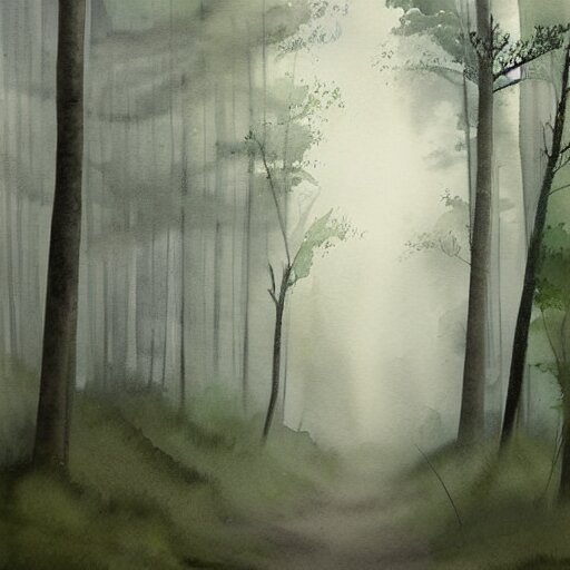 a beautiful watercolor painting of a misty hollow with a winding path through an appalachian pine forest at dawn, godrays, mystical, deep shadows, epic scale 