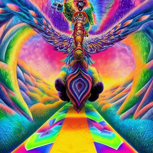 bear riding on a giant peacock through the realms of dmt mario cart race track, painted by lisa frank, alex grey and tim hildebrandt, hyper realism, highly detailed, lsd, psilocybin, sharp focus, sharp contrast, 8 k 