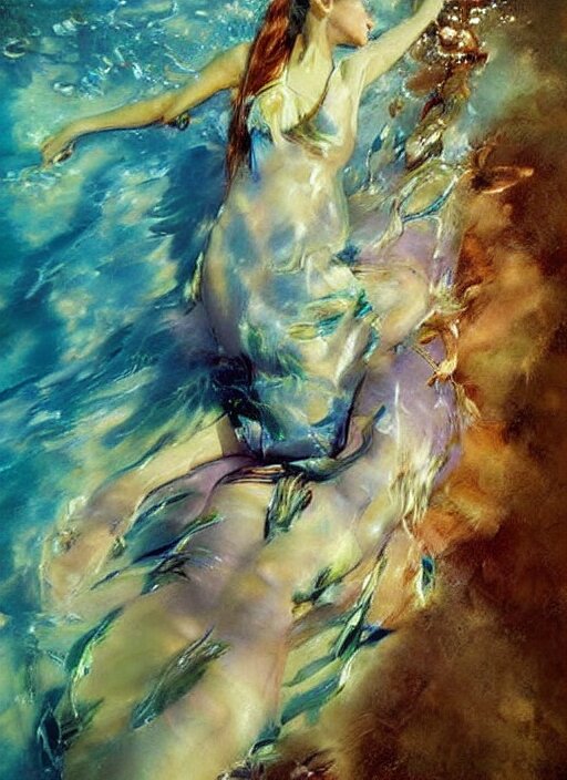 girl in a long dress swimming underwater, caustics, surreal underwater photography, oil painting by Boldini