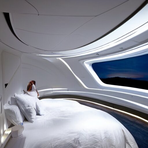  a king size bed with a white bed set in a futuristic space ship with windows looking into outer space, beautiful lighting photograph 