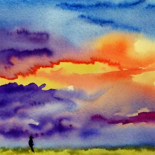 silhouette of a girl in a field of wheat, colorful clouds in the sky, watercolor