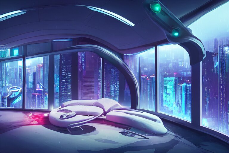 a futuristic bedroom with large curved ceiling high windows looking out to a far future cyberpunk cityscape, cyberpunk neon lights, raining, scifi